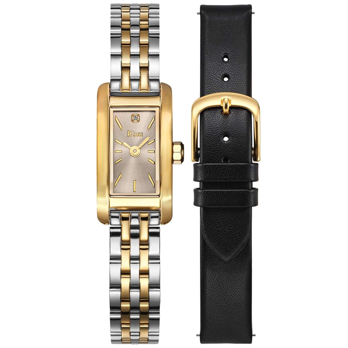 Γυναικείο ρολόι JCOU Ariadne JU19086-3 Limited Edition με δίχρωμο χρυσό–ασημί ατσάλινο μπρασελέ, ανθρακί καντράν με γνήσιο διαμάντι και πλήρες σετ συσκευασίας με επιπλέον δερμάτινο λουράκι.