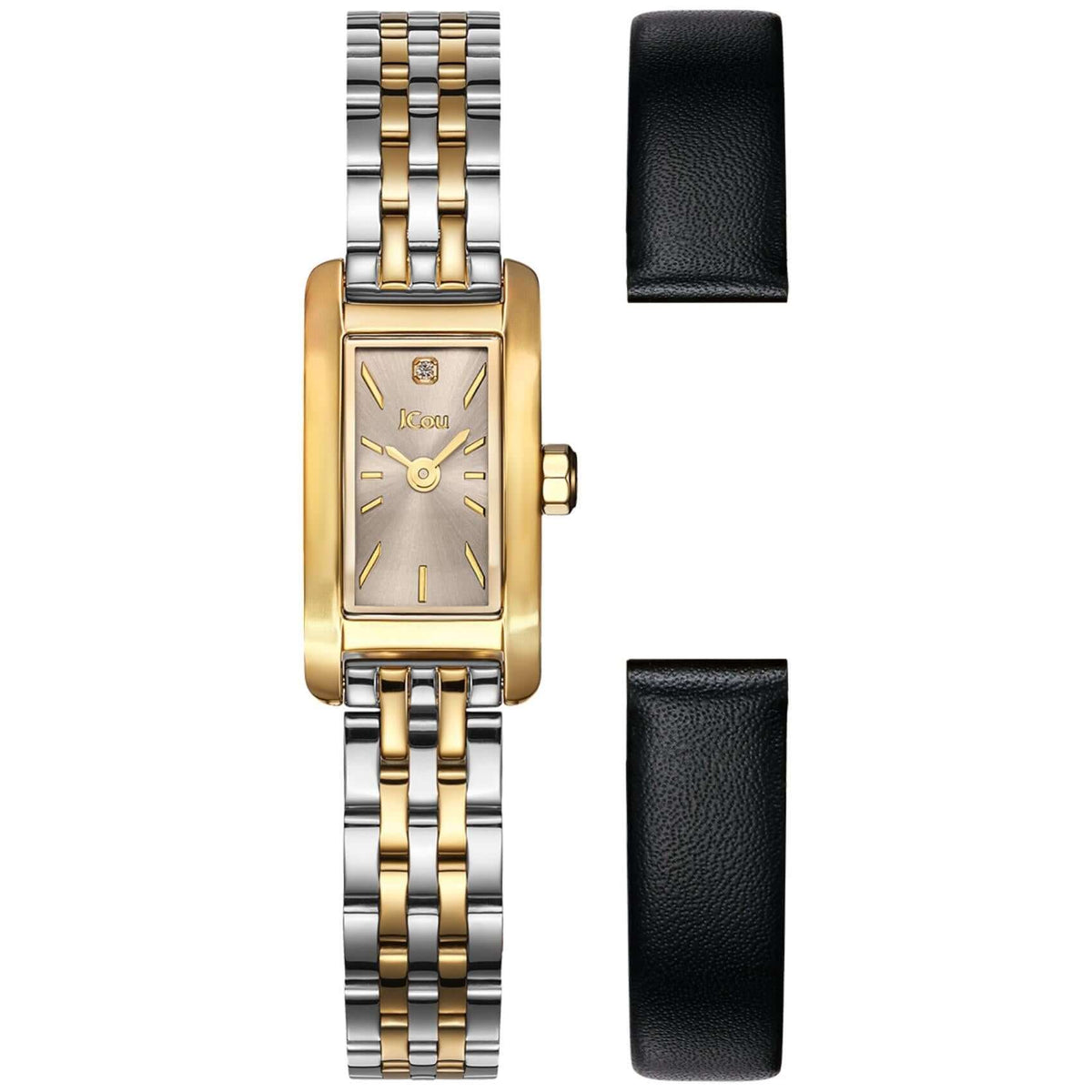 Γυναικείο ρολόι JCOU Ariadne JU19086-3 Limited Edition με δίχρωμο χρυσό–ασημί ατσάλινο μπρασελέ, ανθρακί καντράν με γνήσιο διαμάντι και πλήρες σετ συσκευασίας με επιπλέον δερμάτινο λουράκι, box set