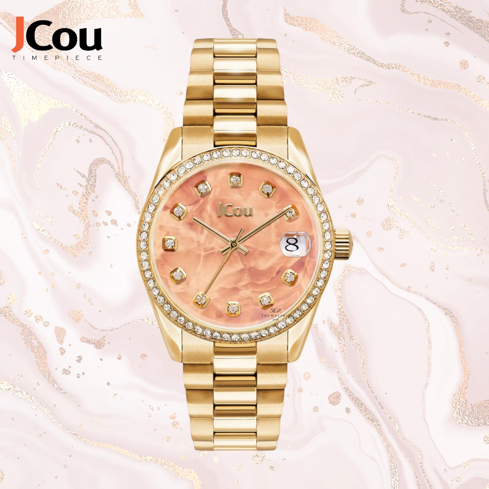 Γυναικείο ρολόι JCOU Gliss JU19060-8 με χρυσό ατσάλινο μπρασελέ και σομόν καντραν διαμέτρου 34mm με ζιργκόν και ένδειξη ημερομηνίας.