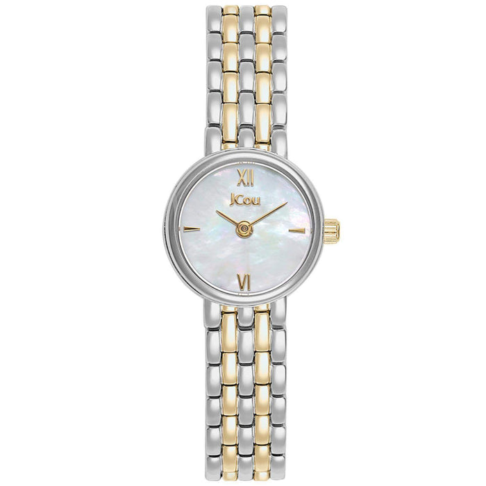 Γυναικείο ρολόι JCOU Lamelle JU19067-5 με δίχρωμο ασημί-χρυσό ατσάλινο μπρασελέ και ασημί καντράν, τζαμάκι από ορυκτο κρύσταλλο, μηχανισμό μπαταρίας quartz και στρογγυλό στεφάνι διαμέτρου 19,5mm αδιάβροχο στις 5ΑΤΜ-50Μ.