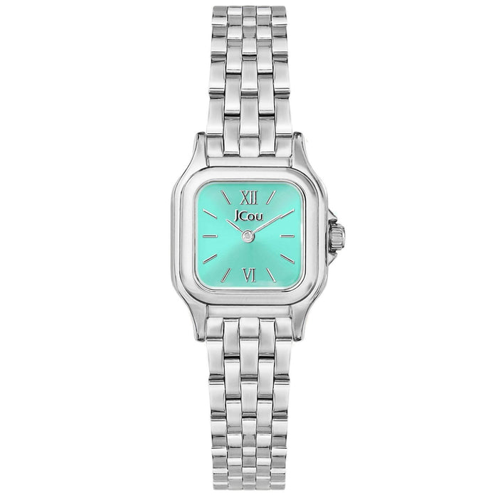 Τετράγωνο ρολόι JCOU Muse JU19065-1 με ασημί ατσάλινο μπρασελέ, τιρκουάζ καντραν, μηχανισμό μπαταρίας quartz και μέγεθος 22X22mm αδιάβροχο στις 3ΑΤΜ-30Μ.