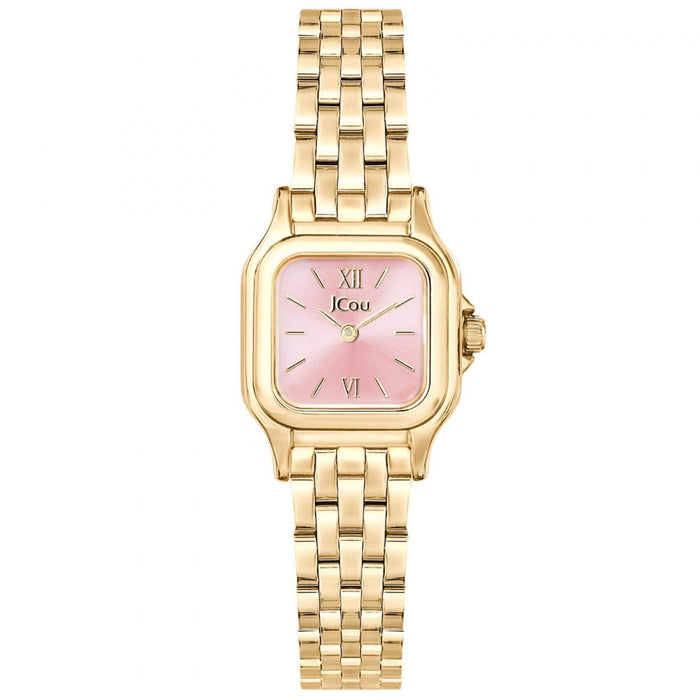 Τετράγωνο ρολόι JCOU Muse JU19065-4 με χρυσό ατσάλινο μπρασελέ,ροζ καντραν, μηχανισμό μπαταρίας quartz και μέγεθος 22X22mm αδιάβροχο στις 3ΑΤΜ-30Μ.