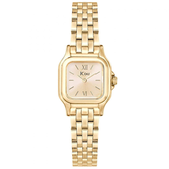 Τετράγωνο ρολόι JCOU Muse JU19065-5 με χρυσό ατσάλινο μπρασελέ,χρυσό καντραν, μηχανισμό μπαταρίας quartz και μέγεθος 22X22mm αδιάβροχο στις 3ΑΤΜ-30Μ.