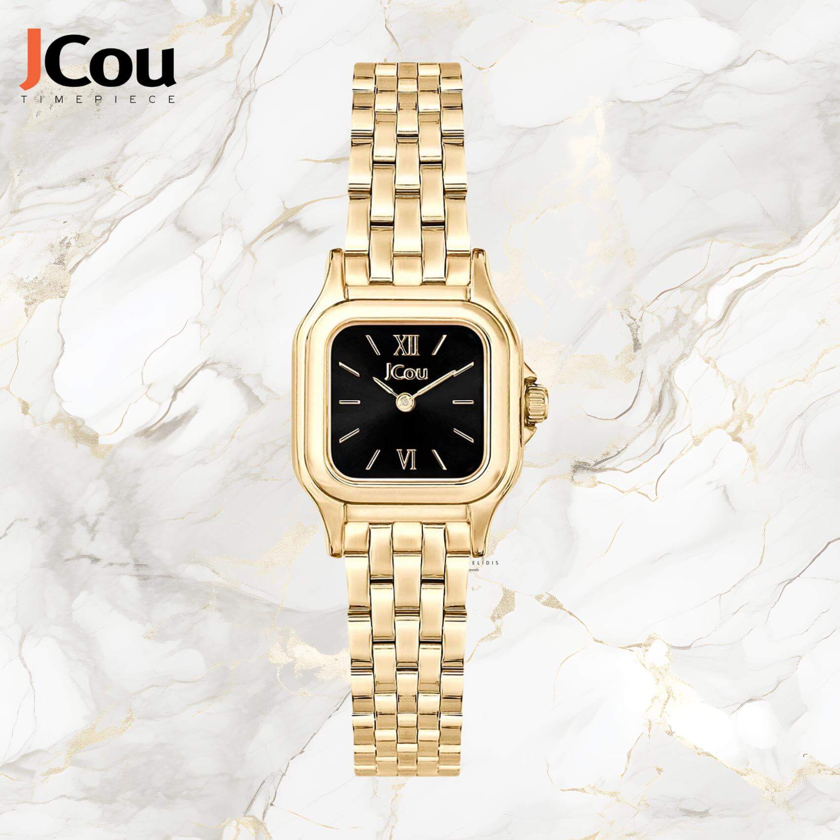 Τετράγωνο ρολόι JCOU Muse JU19065-6 με χρυσό ατσάλινο μπρασελέ και μαύρο καντραν 22X22mm.