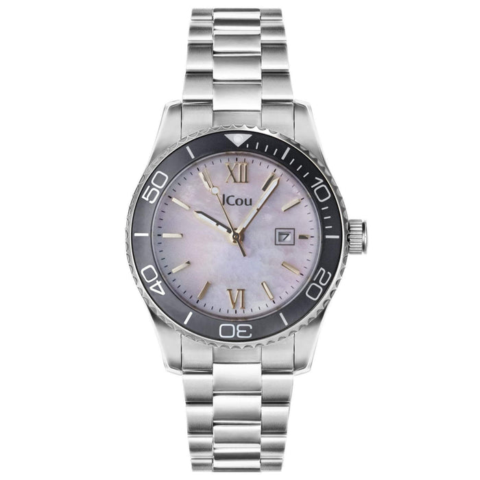 Γυναικέιο ρολόι JCOU Nerina JU19073-1 με ασημί ατσάλινο μπρασελέ και άσπρο φίλντισι καντράν διαμέτρου 32mm με ημερομηνία.