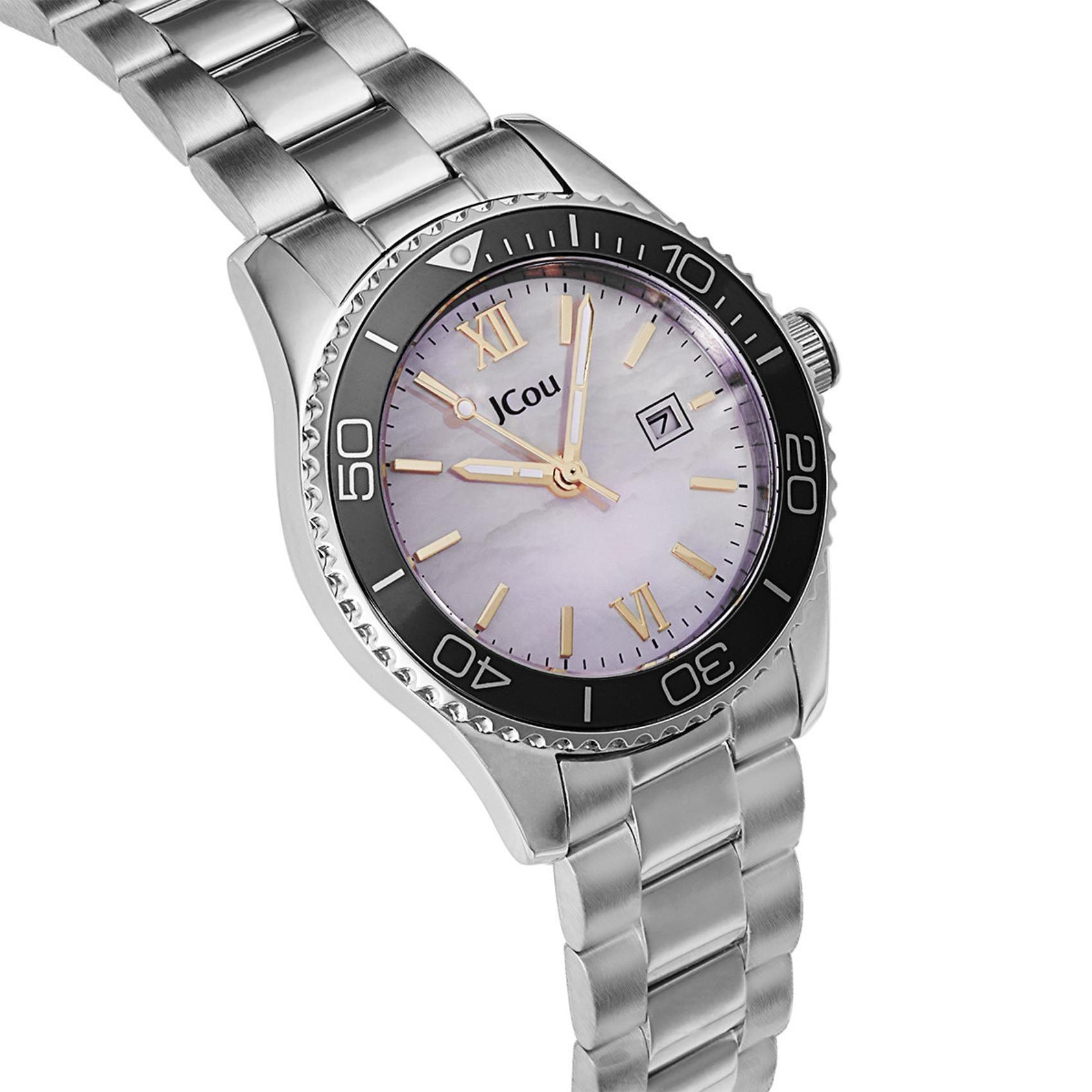 Γυναικέιο ρολόι JCOU Nerina JU19073-1 με ασημί ατσάλινο μπρασελέ και άσπρο φίλντισι καντράν διαμέτρου 32mm με ημερομηνία.