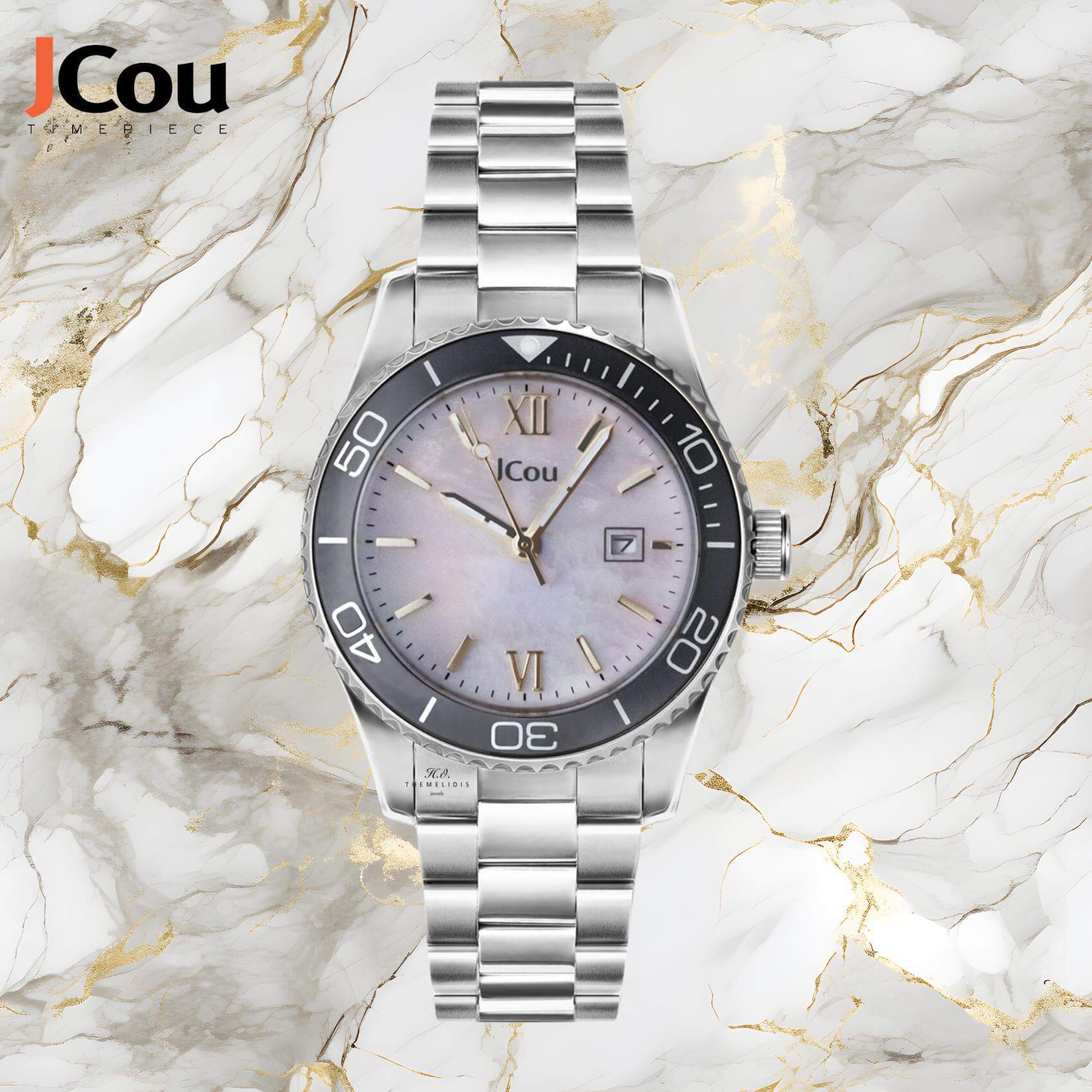 Γυναικέιο ρολόι JCOU Nerina JU19073-1 με ασημί ατσάλινο μπρασελέ και άσπρο φίλντισι καντράν διαμέτρου 32mm με ημερομηνία.