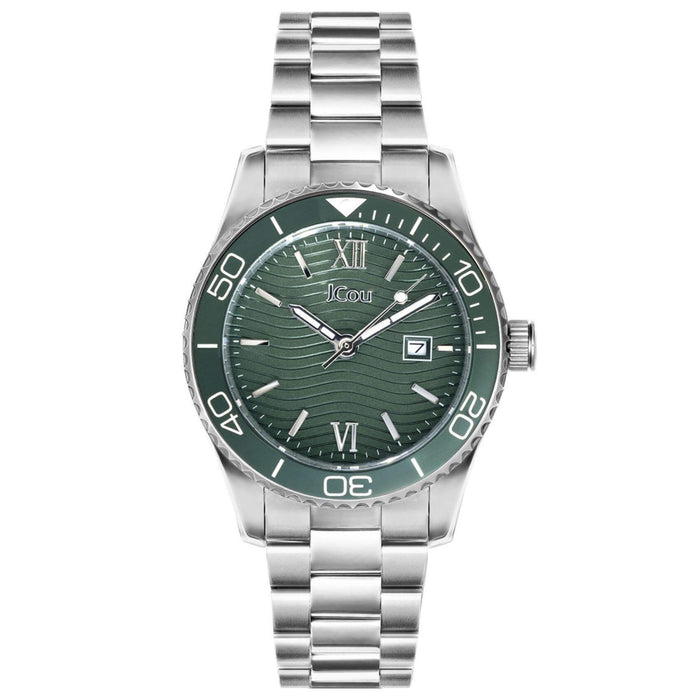 Γυναικέιο ρολόι JCOU Nerina JU19073-3 με ασημί ατσάλινο μπρασελέ και πράσινο καντράν διαμέτρου 32mm με ημερομηνία.