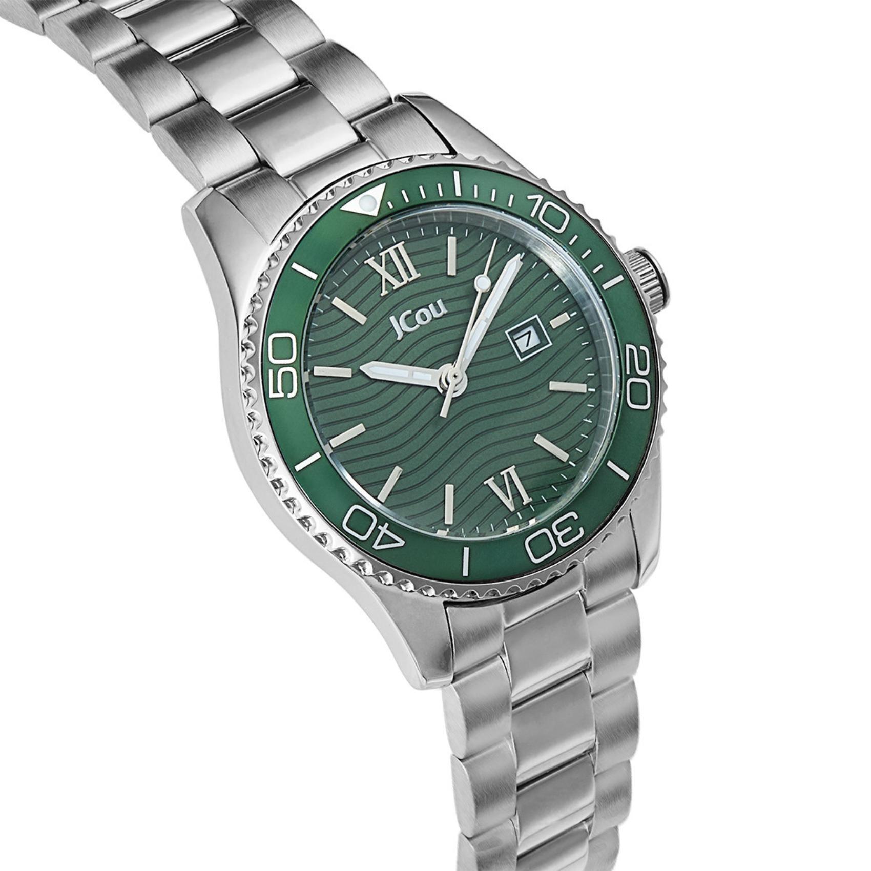 Γυναικέιο ρολόι JCOU Nerina JU19073-3 με ασημί ατσάλινο μπρασελέ και πράσινο καντράν διαμέτρου 32mm με ημερομηνία.