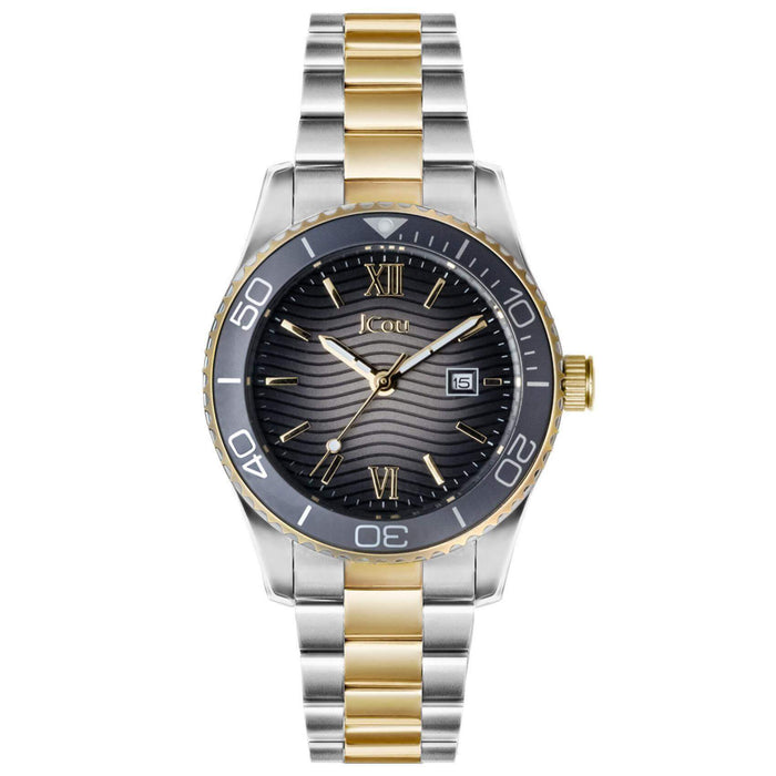 Γυναικέιο ρολόι JCOU Nerina JU19073-4 με δίχρωμο ασημί-χρυσό ατσάλινο μπρασελέ και μαύρο καντράν διαμέτρου 32mm με ημερομηνία.