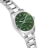 Ρολόι JCOU Palmira JU19074-1 με ασημί ατσάλινο μπρασελέ και πράσινο καντράν διαμέτρου 32mm με μοτίβο από φύλλα.Συσκευασία ρολογιού Jcou.