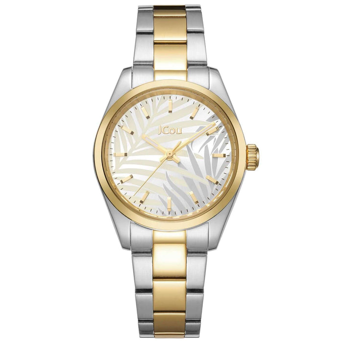 Ρολόι JCOU Palmira JU19074-2 με δίχρωμο ασημί-χρυσό ατσάλινο μπρασελέ και ασημί καντράν διαμέτρου 32mm με μοτίβο από φύλλα.