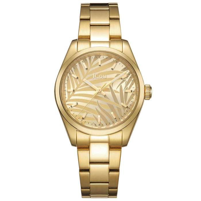 Ρολόι JCOU Palmira JU19074-3 με χρυσό ατσάλινο μπρασελέ και χρυσό καντράν διαμέτρου 32mm με μοτίβο από φύλλα.
