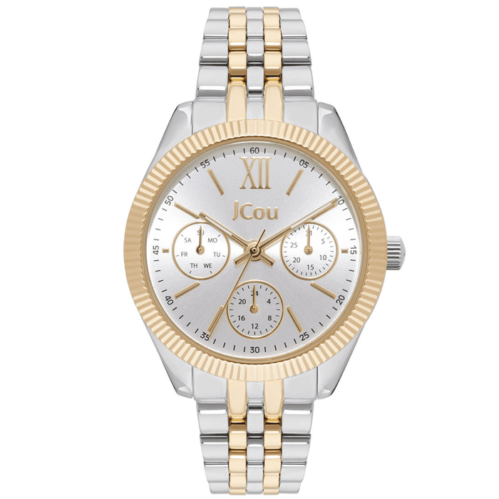 Γυναικείο ρολόι JCOU Queen's Multi JU19058-6 με δίχρωμο ασημί-χρυσό ατσάλινο μπρασελέ ασημί καντράν, μηχανισμό μπαταρίας quartz με ένδειξη ημέρας-ημερομηνίας και στρογγυλό στεφάνι διαμέτρου 34mm αδιάβροχο στις 10ΑΤΜ-100Μ.