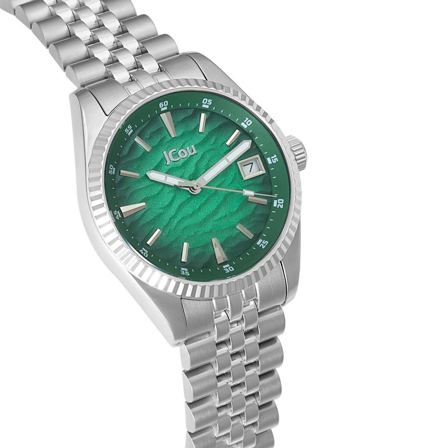 Γυναικέιο ρολόι JCOU Queen's Land JU19071-1 με ασημί ατσάλινο μπρασελέ και πράσινο καντράν διαμέτρου 36mm με ημερομηνία.