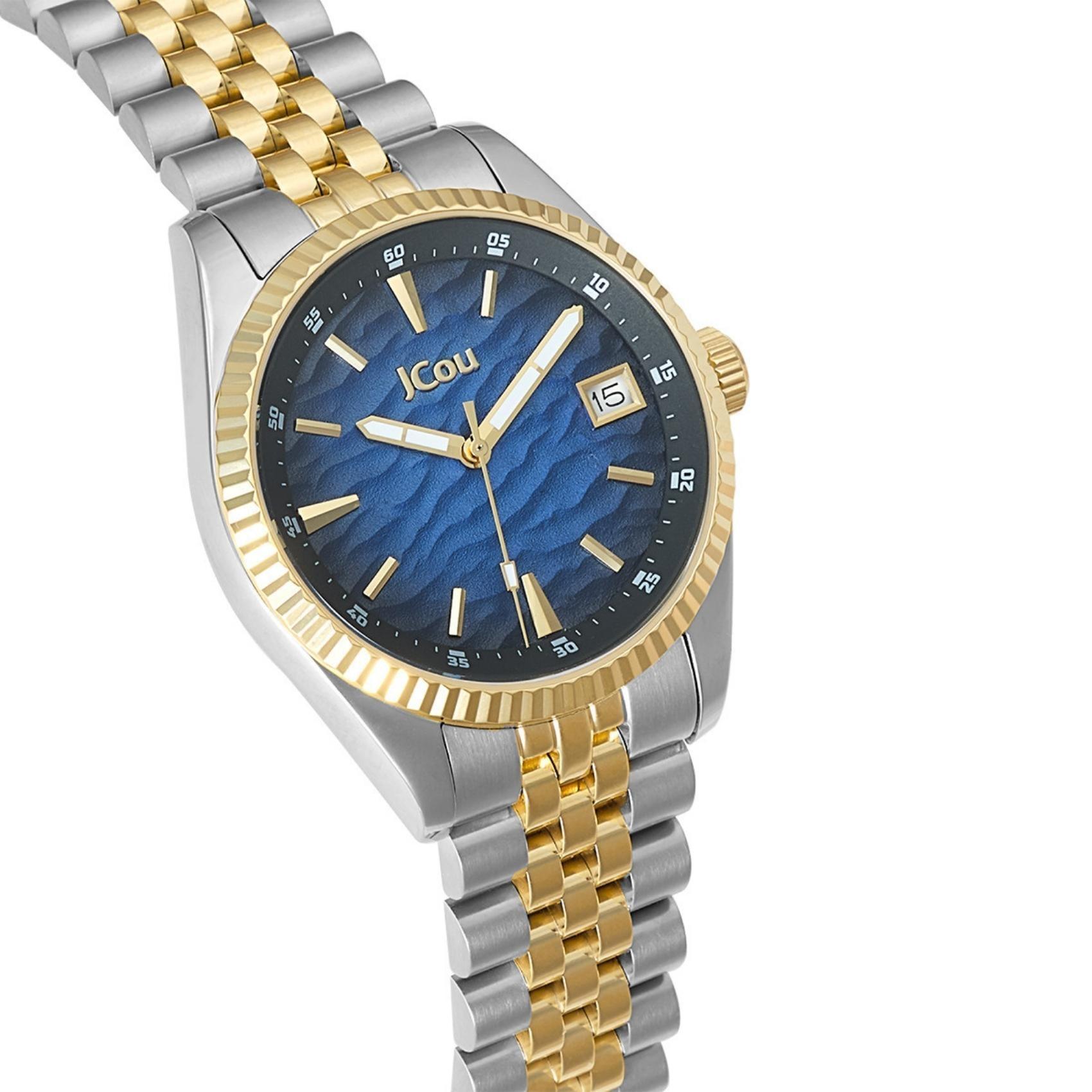 Γυναικέιο ρολόι JCOU Queen's Land JU19071-2 με δίχρωμο ατσάλινο μπρασελέ σε ασημί-χρυσό χρώμα και μπλε καντράν διαμέτρου 36mm με ημερομηνία.