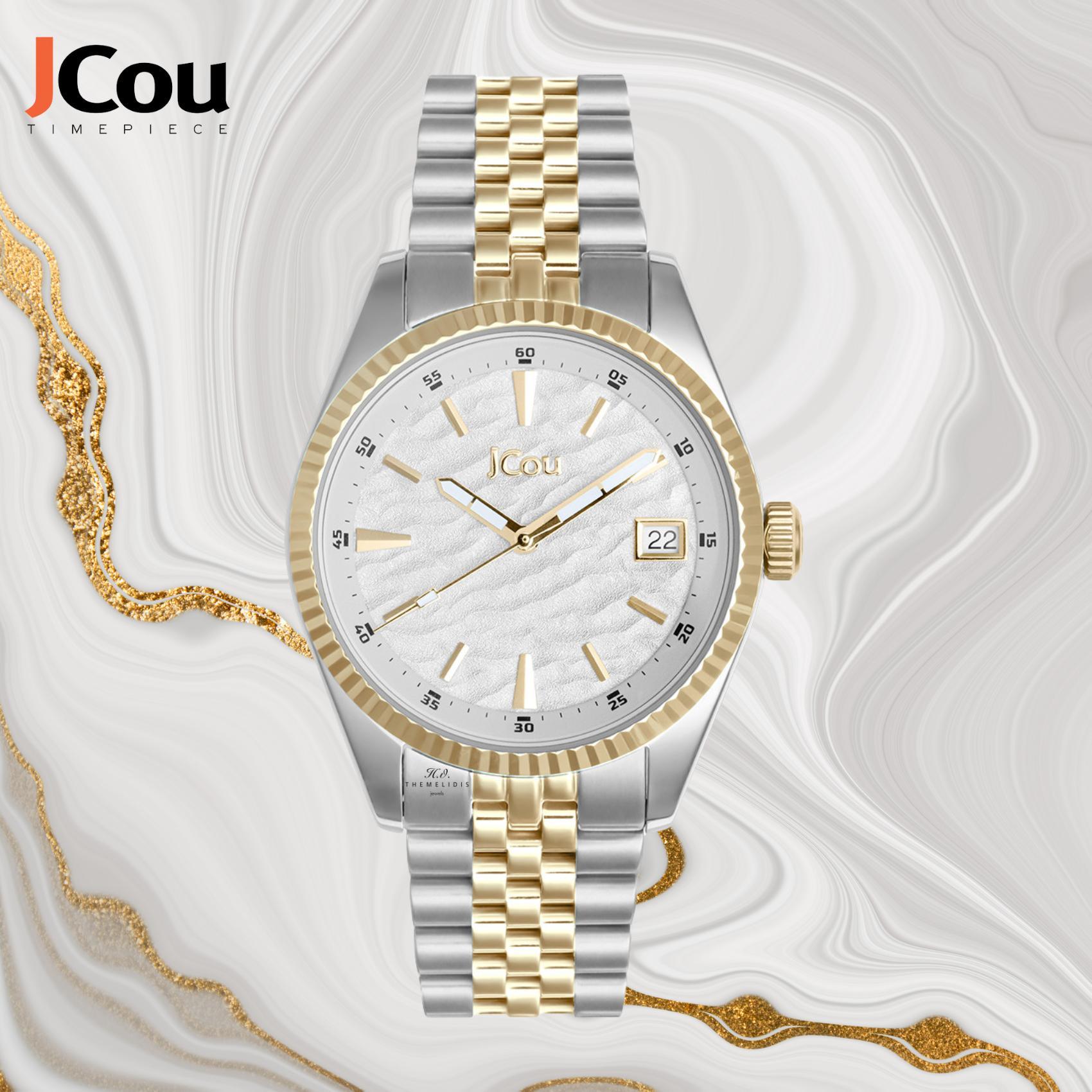 Γυναικέιο ρολόι JCOU Queen's Land JU19071-3 με δίχρωμο ατσάλινο μπρασελέ σε ασημί-χρυσό χρώμα και άσπρο καντράν διαμέτρου 36mm με ημερομηνία.
