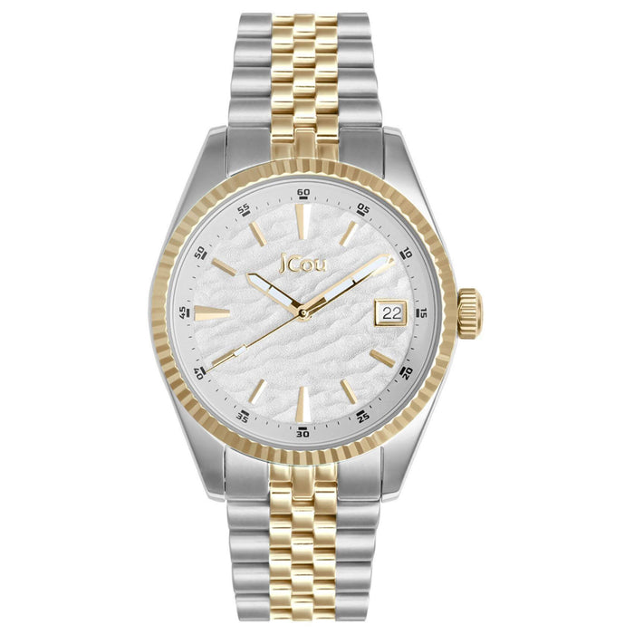 Γυναικέιο ρολόι JCOU Queen's Land JU19071-3 με δίχρωμο ατσάλινο μπρασελέ σε ασημί-χρυσό χρώμα και άσπρο καντράν διαμέτρου 36mm με ημερομηνία.