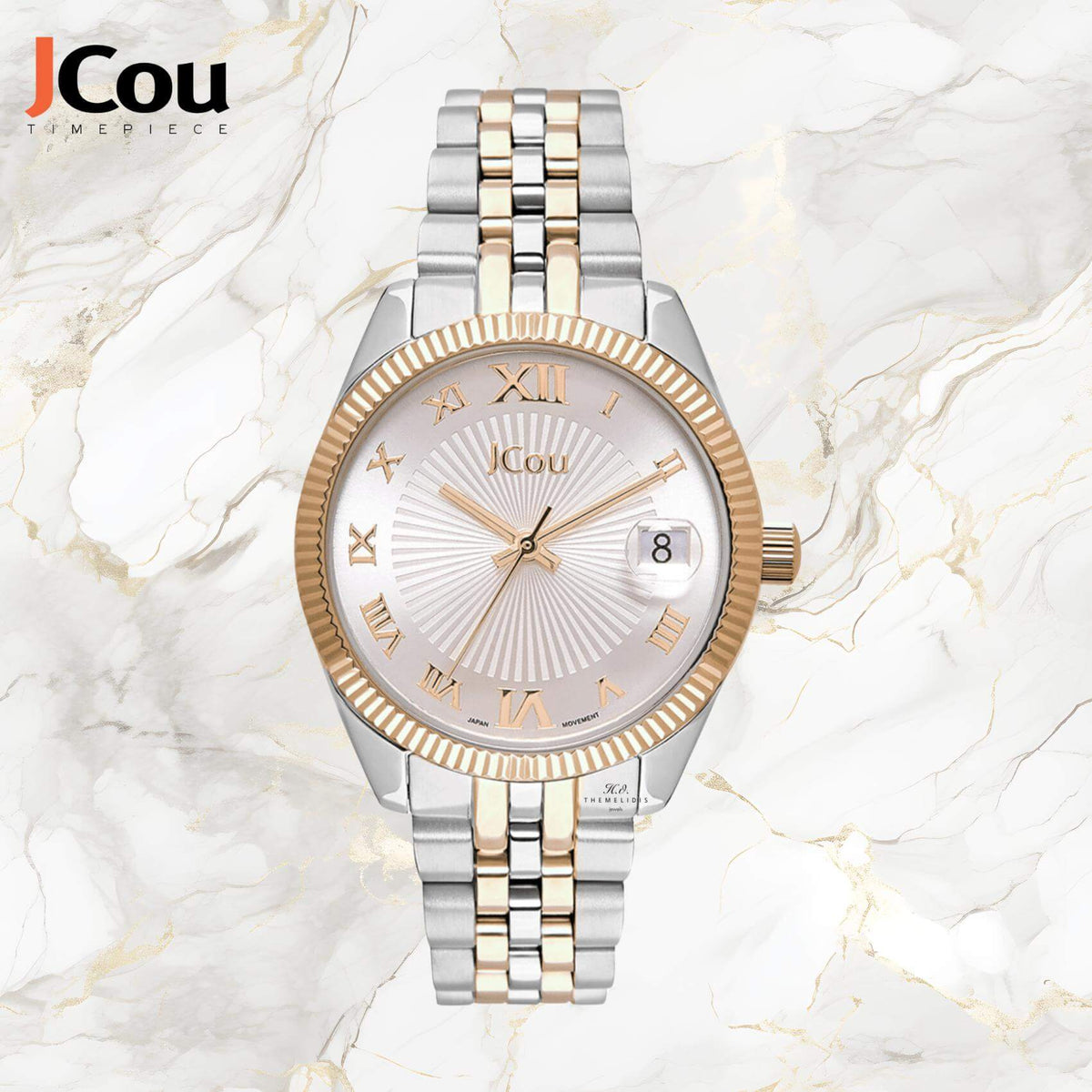 Γυναικείο ρολόι JCOU Queen's Mini JU17031-12 με δίχρωμο ασημί-χρυσό ατσάλινο μπρασελέ και ασημί καντράν 32mm με ημερομηνία.