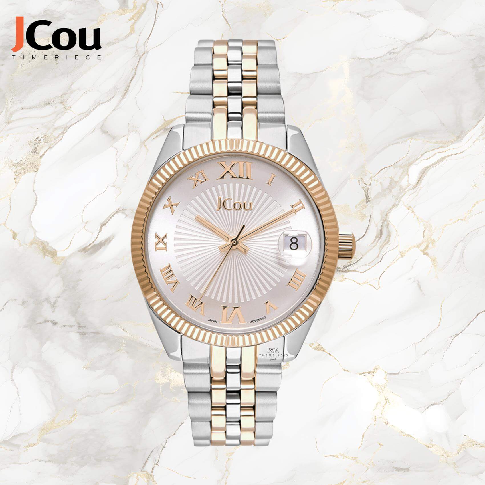 Γυναικείο ρολόι JCOU Queen's Mini JU17031-12 με δίχρωμο ασημί-χρυσό ατσάλινο μπρασελέ και ασημί καντράν 32mm με ημερομηνία.