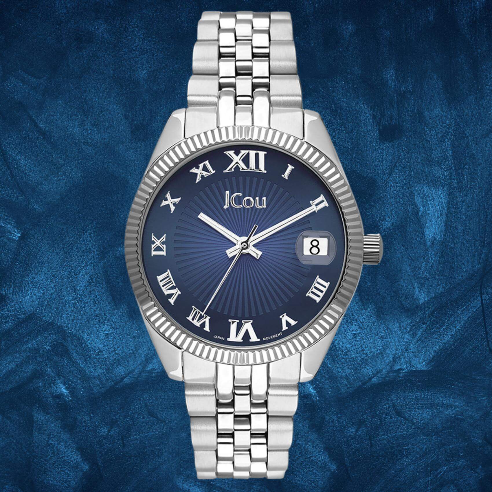 Ρολόι JCOU Queen's Mini JU17031-21 με ασημί ατσάλινο μπρασελέ και μπλε καντράν διαμέτρου 32mm με ημερομηνία.