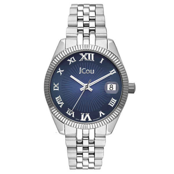 Ρολόι JCOU Queen's Mini JU17031-21 με ασημί ατσάλινο μπρασελέ και μπλε καντράν διαμέτρου 32mm με ημερομηνία.