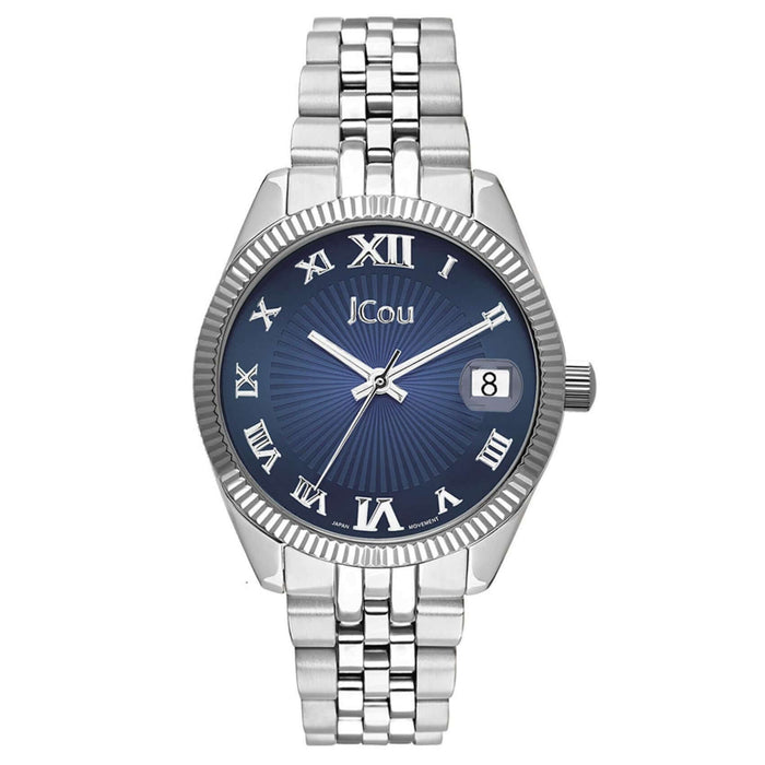 Ρολόι JCOU Queen's Mini JU17031-21 με ασημί ατσάλινο μπρασελέ και μπλε καντράν διαμέτρου 32mm με ημερομηνία.