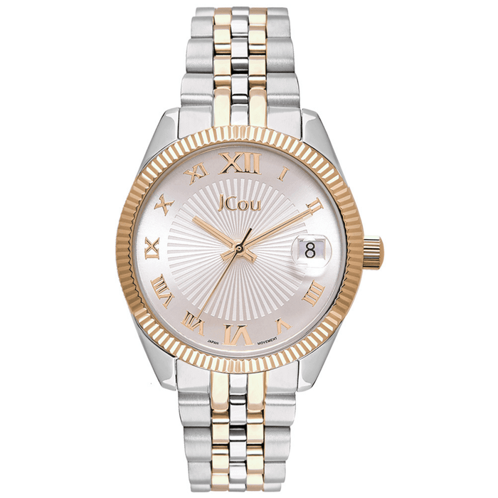 Γυναικείο ρολόι JCOU Queen's Mini JU17031-2 με δίχρωμο ασημί-χρυσό ατσάλινο μπρασελέ και ασημί καντράν, τζαμάκι από ορυκτο κρύσταλλο, μηχανισμό μπαταρίας quartz με ένδειξη ημερομηνίας και στρογγυλό στεφάνι διαμέτρου 32mm αδιάβροχο στις 10ΑΤΜ-100Μ.