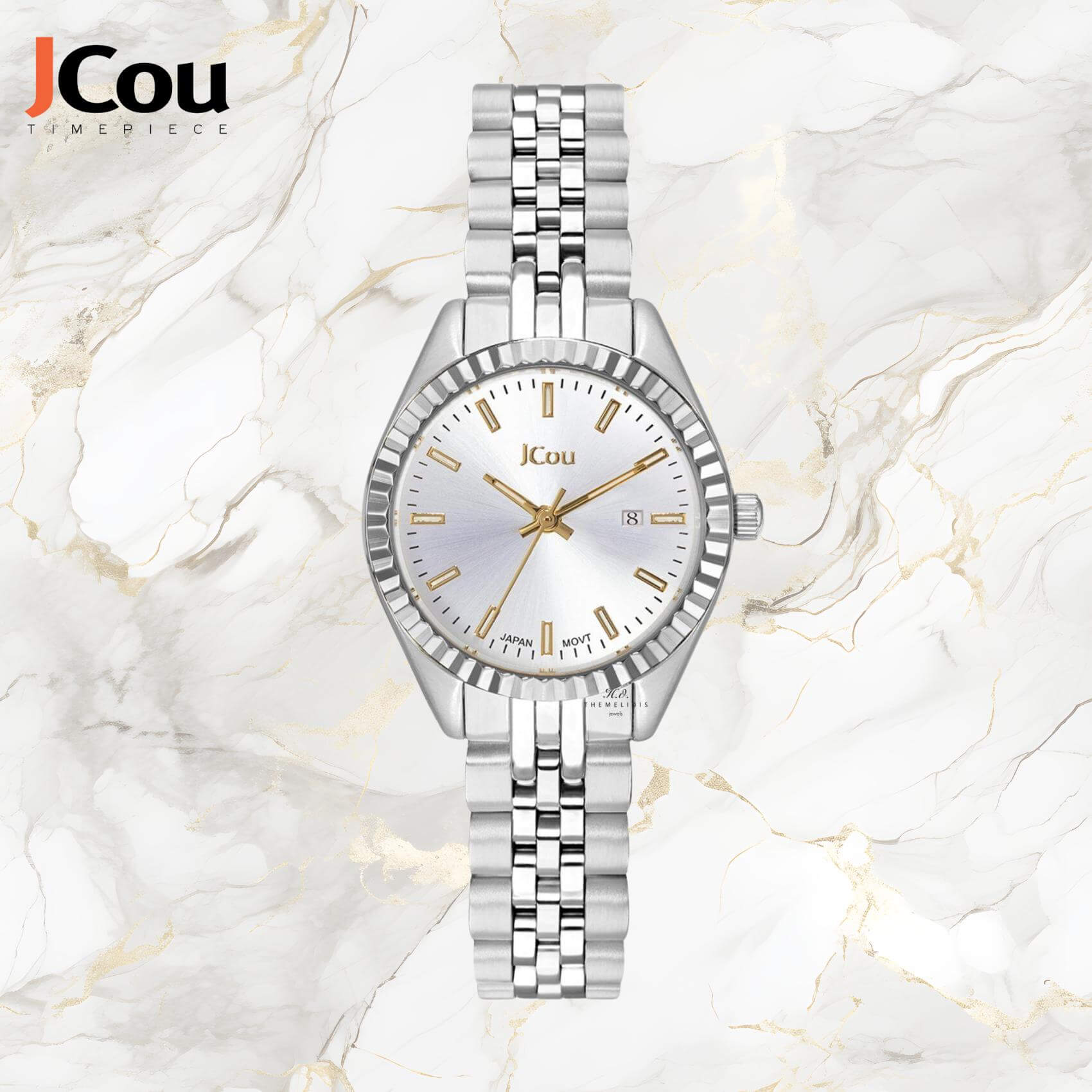 Γυναικείο ρολόι Queen's Petit II JU19066-1 με ασημί ατσάλινο μπρασελέ ασημί καντράν, τζαμάκι από ορυκτο κρύσταλλο, μηχανισμό μπαταρίας quartz με ημερομηνίας και στρογγυλό στεφάνι διαμέτρου 26mm αδιάβροχο στις 10ΑΤΜ-100Μ.