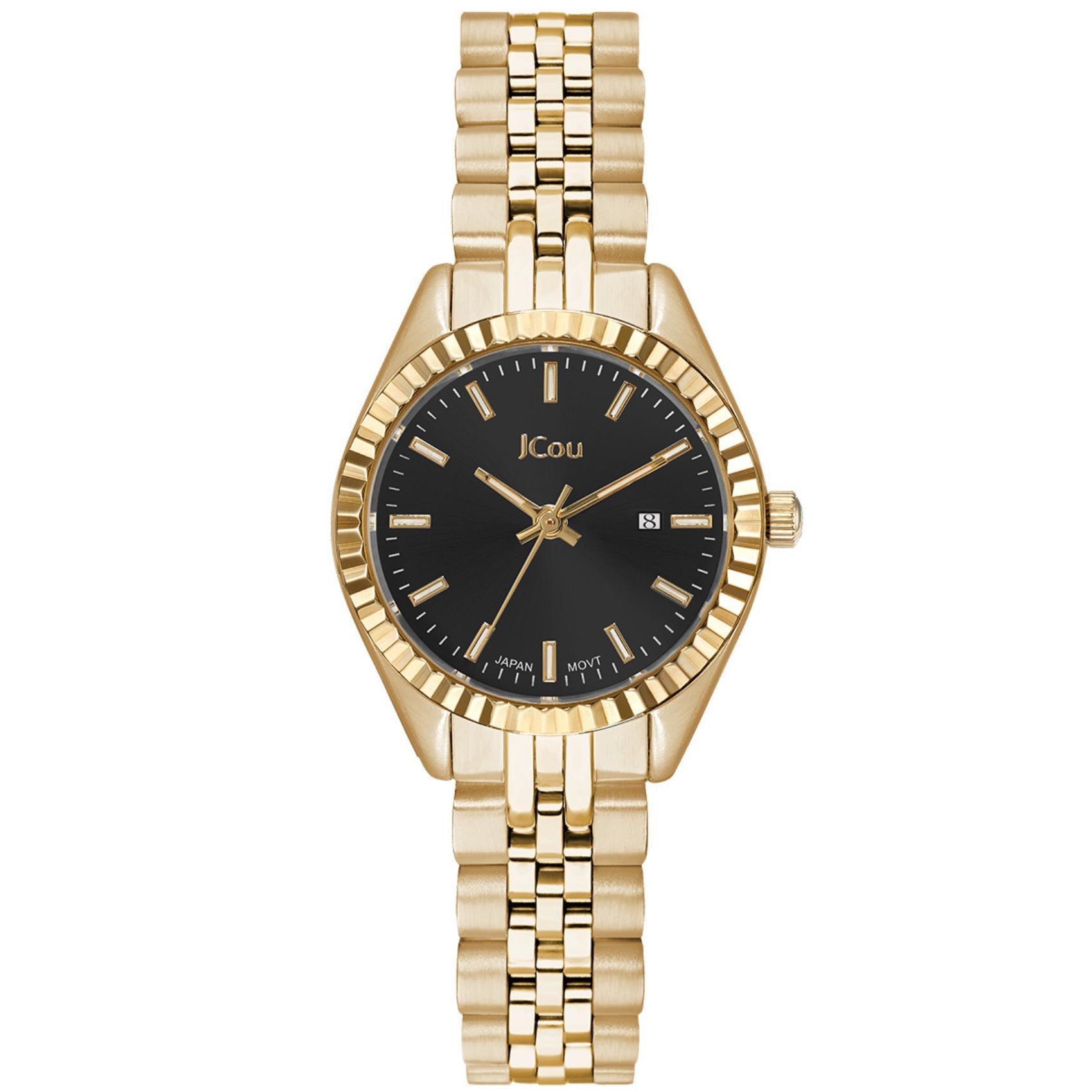 Γυναικέιο ρολόι JCOU Queen's Petit II JU19066-7 με χρυσό ατσάλινο μπρασελέ και μαύρο καντράν διαμέτρου 26mm με ημερομηνία.