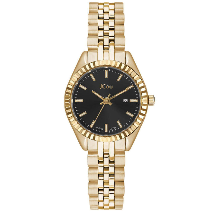 Γυναικέιο ρολόι JCOU Queen's Petit II JU19066-7 με χρυσό ατσάλινο μπρασελέ και μαύρο καντράν διαμέτρου 26mm με ημερομηνία.