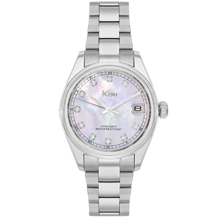 Γυναικείο ρολόι JCOU Serenity JU19068-1 με ασημί ατσάλινο μπρασελέ και άσπρο φίλντισι καντράν, μηχανισμό μπαταρίας quartz με ημερομηνία και στρογγυλό στεφάνι διαμέτρου 32mm με ζιργκόν αδιάβροχο στις 10ΑΤΜ-100Μ.