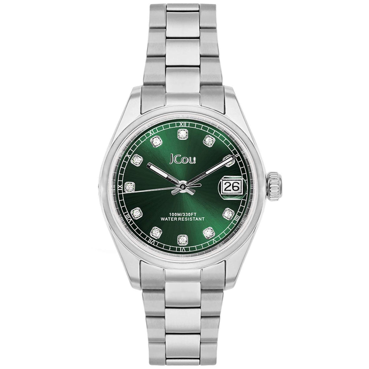 Γυναικείο ρολόι JCOU Serenity JU19068-2 με ασημί ατσάλινο μπρασελέ και πράσινο καντράν, μηχανισμό μπαταρίας quartz με ημερομηνία και στρογγυλό στεφάνι διαμέτρου 32mm με ζιργκόν αδιάβροχο στις 10ΑΤΜ-100Μ.