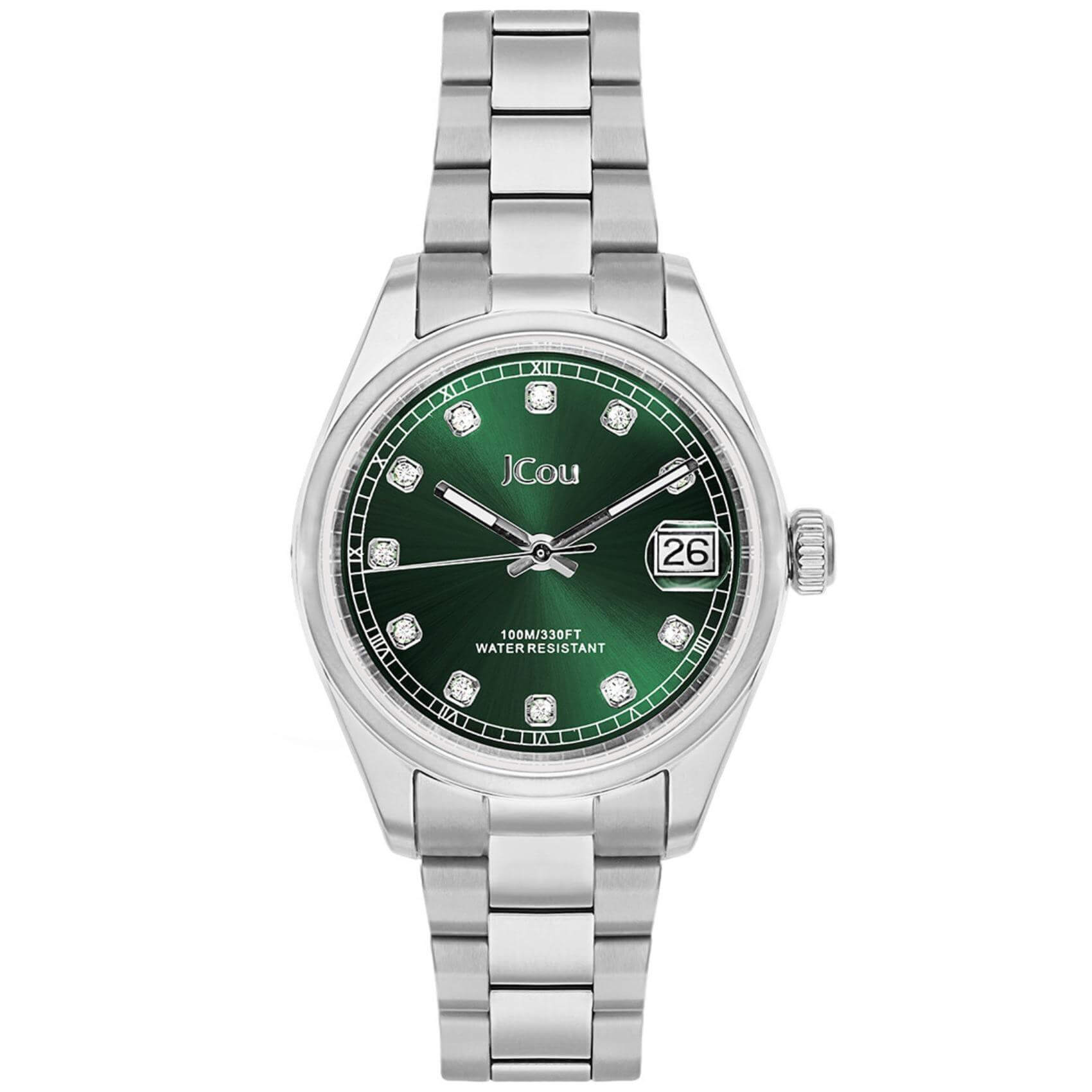 Γυναικείο ρολόι JCOU Serenity JU19068-2 με ασημί ατσάλινο μπρασελέ και πράσινο καντράν, μηχανισμό μπαταρίας quartz με ημερομηνία και στρογγυλό στεφάνι διαμέτρου 32mm με ζιργκόν αδιάβροχο στις 10ΑΤΜ-100Μ.