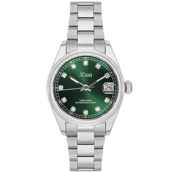 Γυναικείο ρολόι JCOU Serenity JU19068-2 με ασημί ατσάλινο μπρασελέ και πράσινο καντράν, μηχανισμό μπαταρίας quartz με ημερομηνία και στρογγυλό στεφάνι διαμέτρου 32mm με ζιργκόν αδιάβροχο στις 10ΑΤΜ-100Μ.