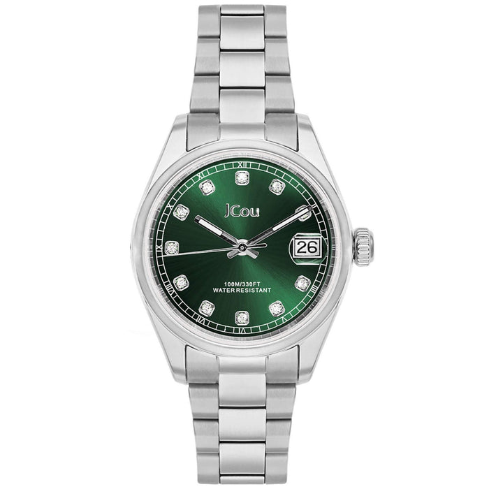 Γυναικείο ρολόι JCOU Serenity JU19068-2 με ασημί ατσάλινο μπρασελέ και πράσινο καντράν, μηχανισμό μπαταρίας quartz με ημερομηνία και στρογγυλό στεφάνι διαμέτρου 32mm με ζιργκόν αδιάβροχο στις 10ΑΤΜ-100Μ.