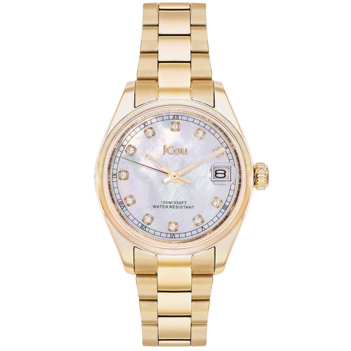 Γυναικείο ρολόι JCOU Serenity JU19068-3 με χρυσό ατσάλινο μπρασελέ και άσπρο καντράν, μηχανισμό μπαταρίας quartz με ημερομηνία και στρογγυλό στεφάνι διαμέτρου 32mm με ζιργκόν αδιάβροχο στις 10ΑΤΜ-100Μ.