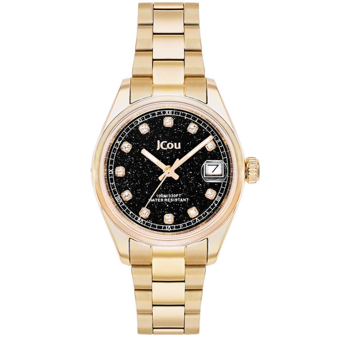 Γυναικείο ρολόι JCOU Serenity JU19068-4 με χρυσό ατσάλινο μπρασελέ και μαύρο καντράν, μηχανισμό μπαταρίας quartz με ημερομηνία και στρογγυλό στεφάνι διαμέτρου 32mm με ζιργκόν αδιάβροχο στις 10ΑΤΜ-100Μ.