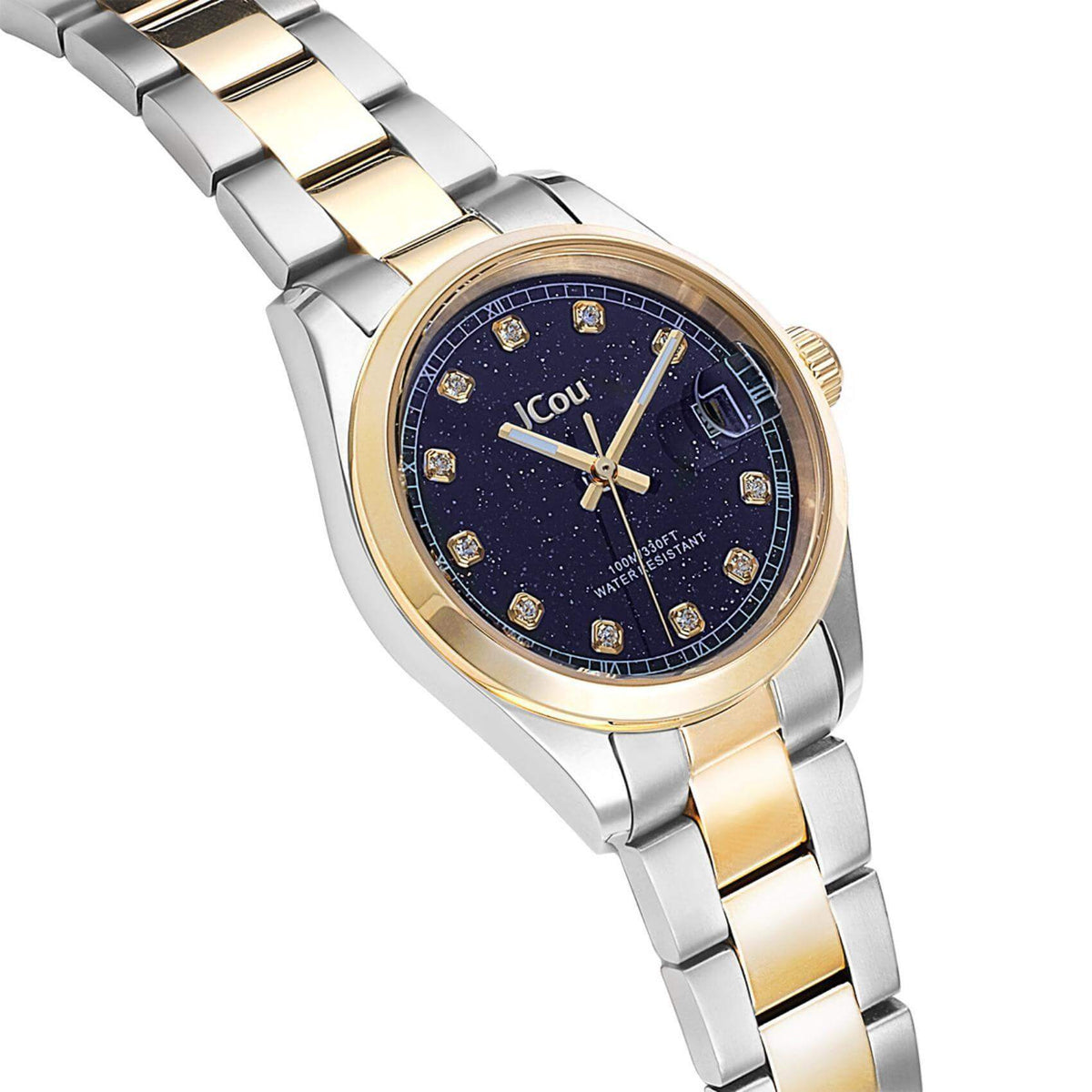 Γυναικείο ρολόι JCOU Serenity JU19068-5 με δίχρωμο ασημί-χρυσό ατσάλινο μπρασελέ και μπλε καντράν, μηχανισμό μπαταρίας quartz με ημερομηνία και στρογγυλό στεφάνι διαμέτρου 32mm με ζιργκόν αδιάβροχο στις 10ΑΤΜ-100Μ.