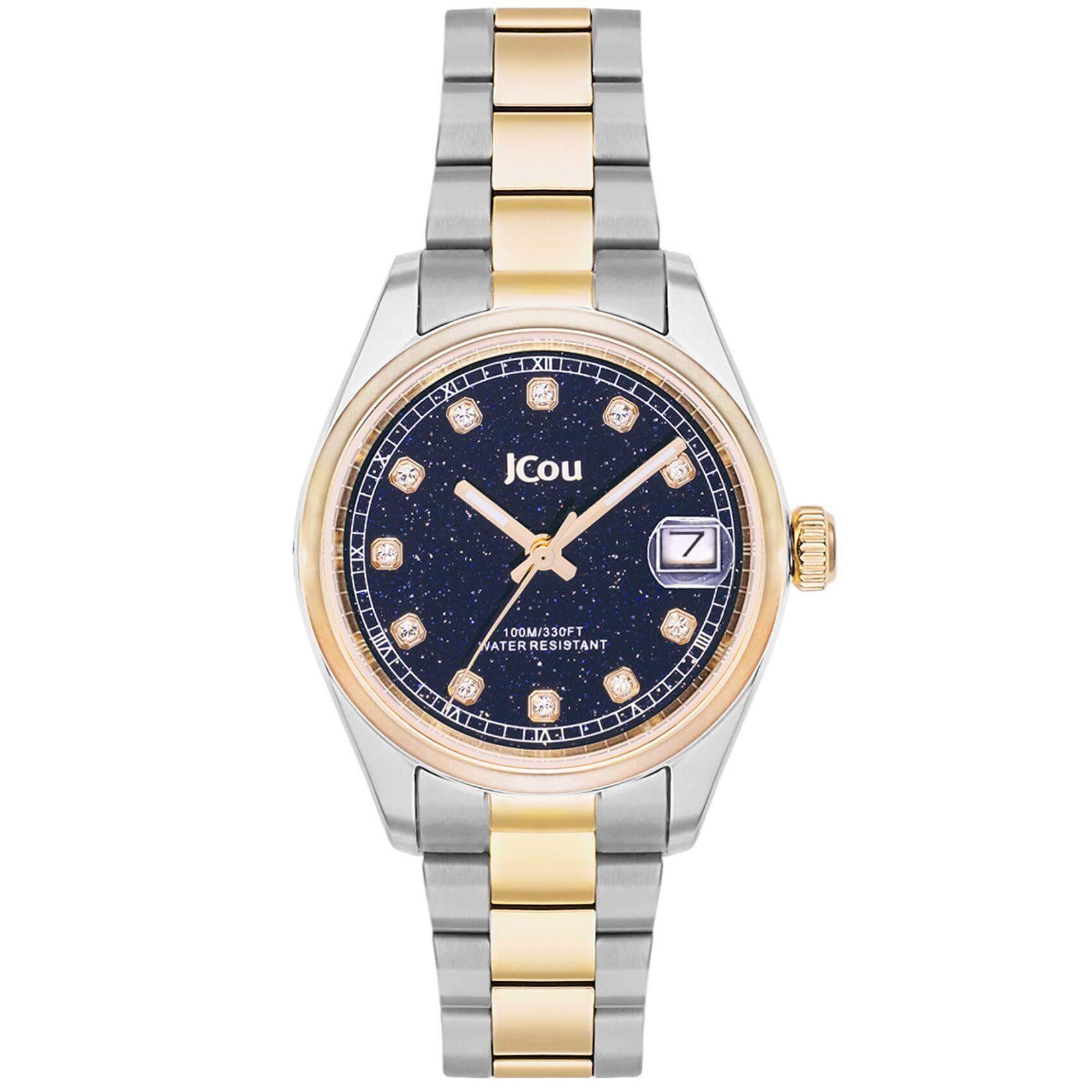 Γυναικείο ρολόι JCOU Serenity JU19068-5 με δίχρωμο ασημί-χρυσό ατσάλινο μπρασελέ και μπλε καντράν, μηχανισμό μπαταρίας quartz με ημερομηνία και στρογγυλό στεφάνι διαμέτρου 32mm με ζιργκόν αδιάβροχο στις 10ΑΤΜ-100Μ.