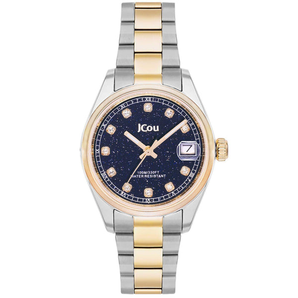 Γυναικείο ρολόι JCOU Serenity JU19068-5 με δίχρωμο ασημί-χρυσό ατσάλινο μπρασελέ και μπλε καντράν, μηχανισμό μπαταρίας quartz με ημερομηνία και στρογγυλό στεφάνι διαμέτρου 32mm με ζιργκόν αδιάβροχο στις 10ΑΤΜ-100Μ.