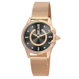 Γυναικείο ρολόι Just Cavalli Animal JC1L095M0085 με ροζ χρυσό ατσάλινο μπρασελέ και μαύρο καντράν διαμέτρου 32mm διακοσμημένο με ζιργκόν.