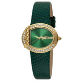 Γυναικείο ρολόι Just Cavalli C JC1L110L0025 με πράσινο δερμάτινο λουράκι και πράσινο καντράν μεγέθους 32mm σε οβάλ σχήμα, διακοσμημένο με λαμπερά ζιργκόν.