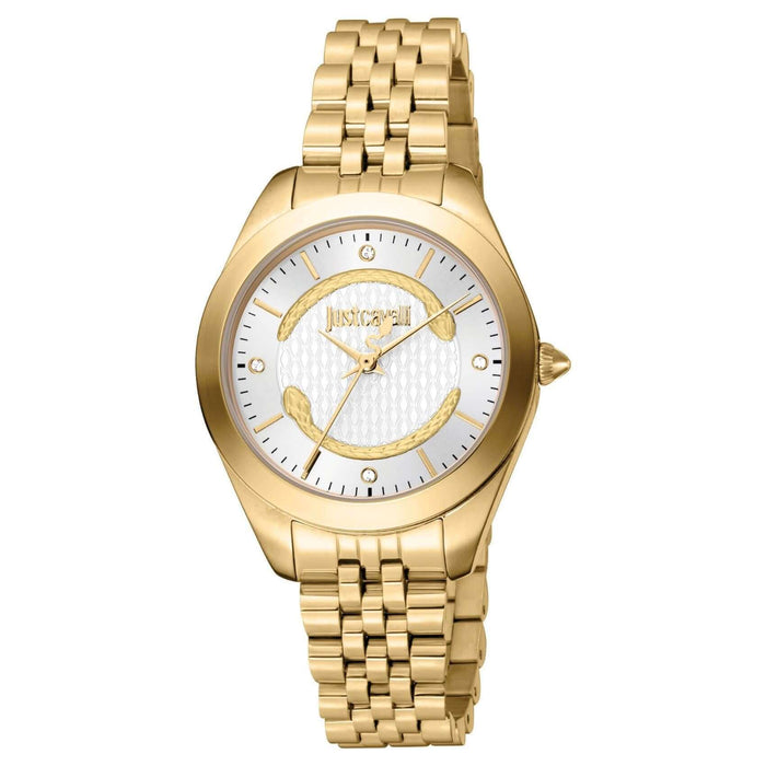 Γυναικείο ρολόι Just Cavalli Cerchio JC1L210M0455 με χρυσό ατσάλινο μπρασελέ και ασημί καντράν διαμέτρου 32mm με λαμπερά ζιργκόν και σχέδιο με φίδια.