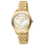 Γυναικείο ρολόι Just Cavalli Cerchio JC1L210M0455 με χρυσό ατσάλινο μπρασελέ και ασημί καντράν διαμέτρου 32mm με λαμπερά ζιργκόν και σχέδιο με φίδια.