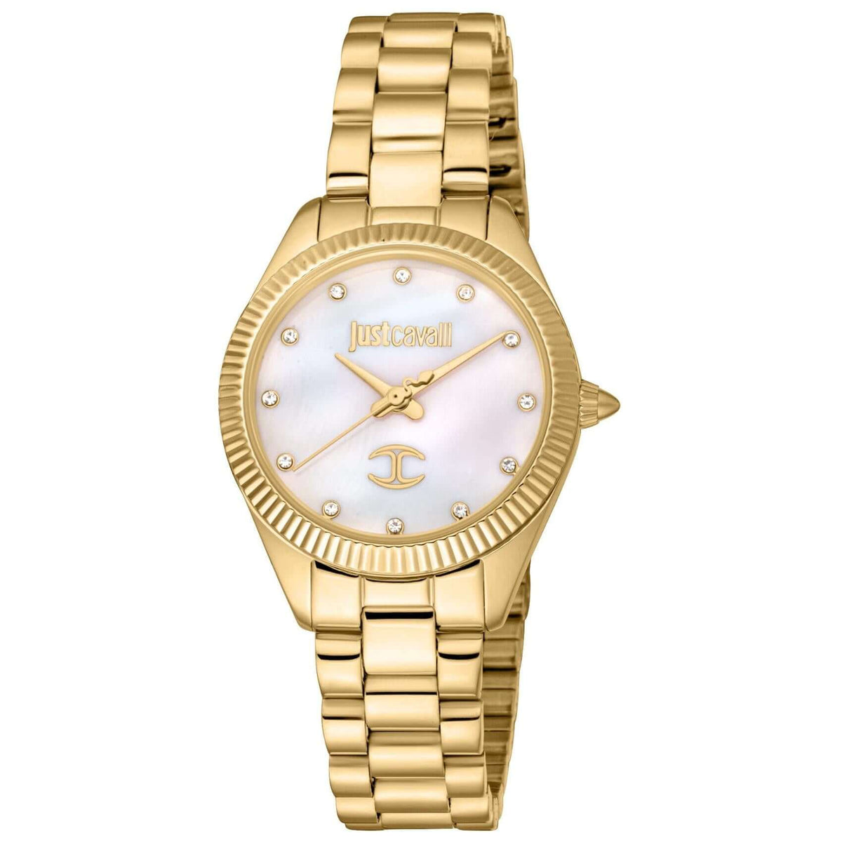 Γυναικείο ρολόι Just Cavalli Glam JC1L267M0055 με χρυσό ατσάλινο μπρασελέ και άσπρο καντράν διαμέτρου 30mm με λαμπερά ζιργκόν.