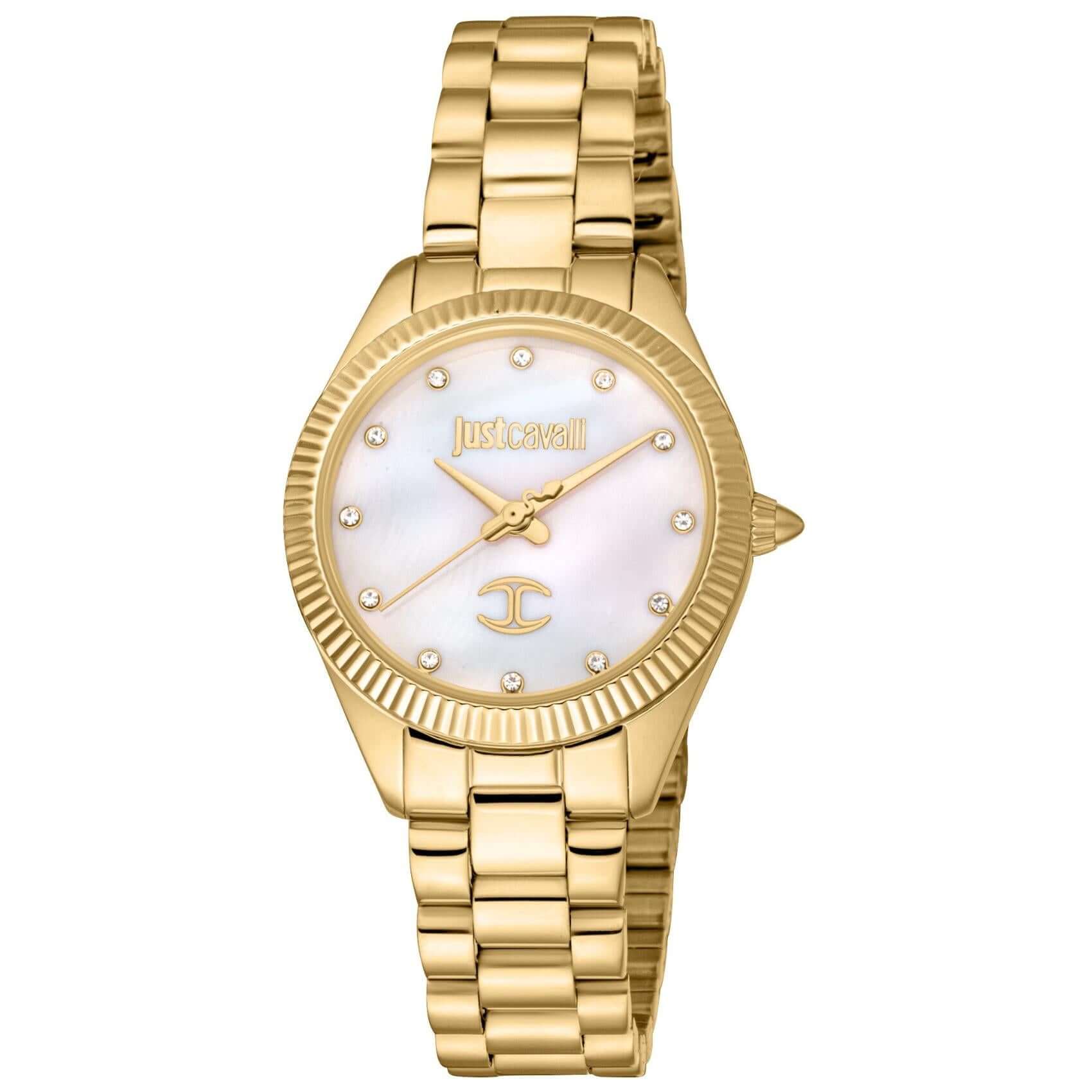 Γυναικείο ρολόι Just Cavalli Glam JC1L267M0055 με χρυσό ατσάλινο μπρασελέ και άσπρο καντράν διαμέτρου 30mm με λαμπερά ζιργκόν.
