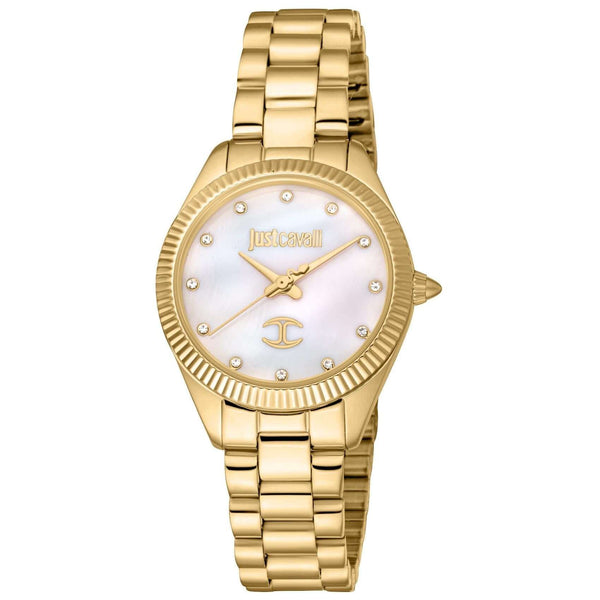 Γυναικείο ρολόι Just Cavalli Glam JC1L267M0055 με χρυσό ατσάλινο μπρασελέ και άσπρο καντράν διαμέτρου 30mm με λαμπερά ζιργκόν.