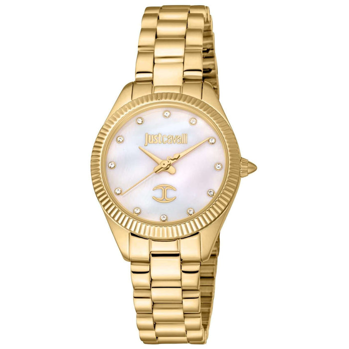 Γυναικείο ρολόι Just Cavalli Glam JC1L267M0055 με χρυσό ατσάλινο μπρασελέ και άσπρο καντράν διαμέτρου 30mm με λαμπερά ζιργκόν.