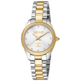 Γυναικείο ρολόι Just Cavalli Glam JC1L267M0085 με δίχρωμο ασημί-χρυσό ατσάλινο μπρασελέ και ασημί καντράν διαμέτρου 30mm με λαμπερά ζιργκόν.
